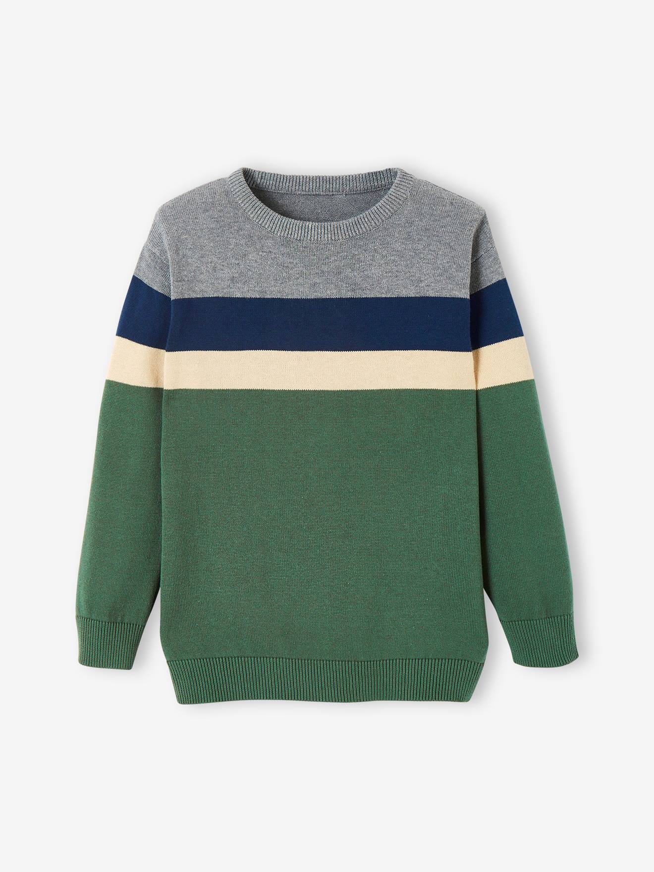 Suéter de malha fina com listras largas para meninos, bege claro, liso com estampas.