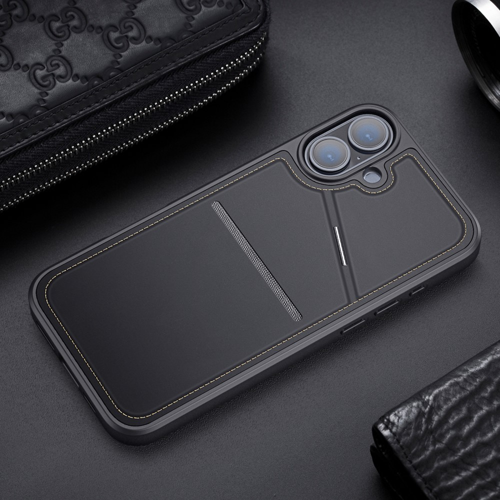 iPhone 16 Plus MagSafe Hybrid Leder Hülle mit Kartenfach   Kickstand Aufsteller (RFID Schutz) - Schwarz