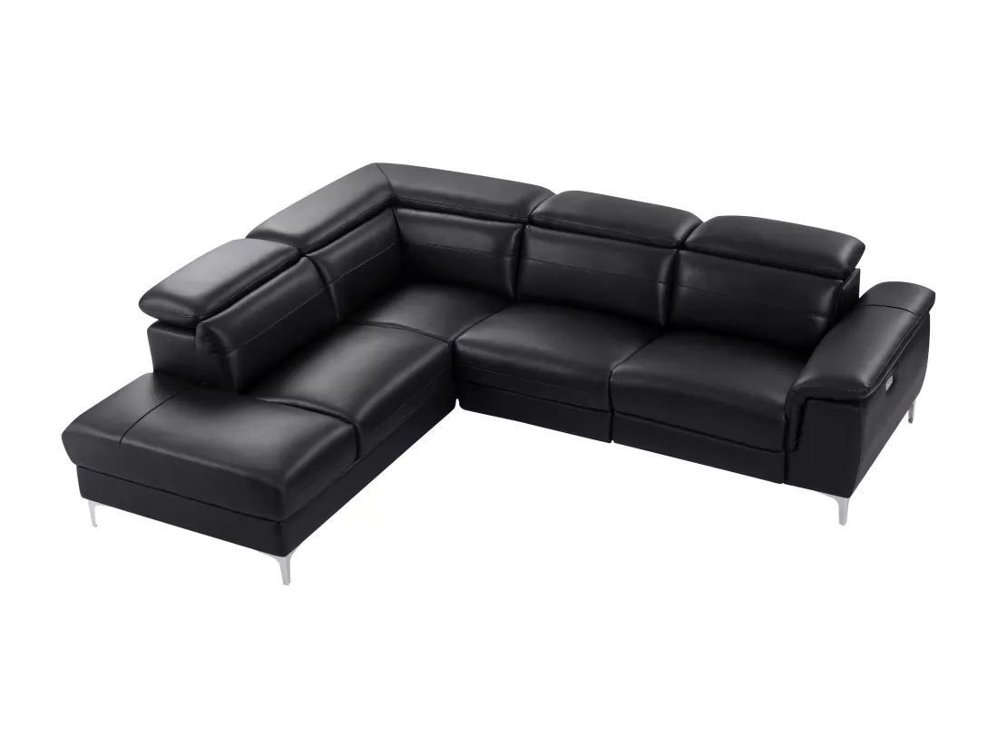 Canapé d'angle gauche relax électrique en cuir noir FUSINO