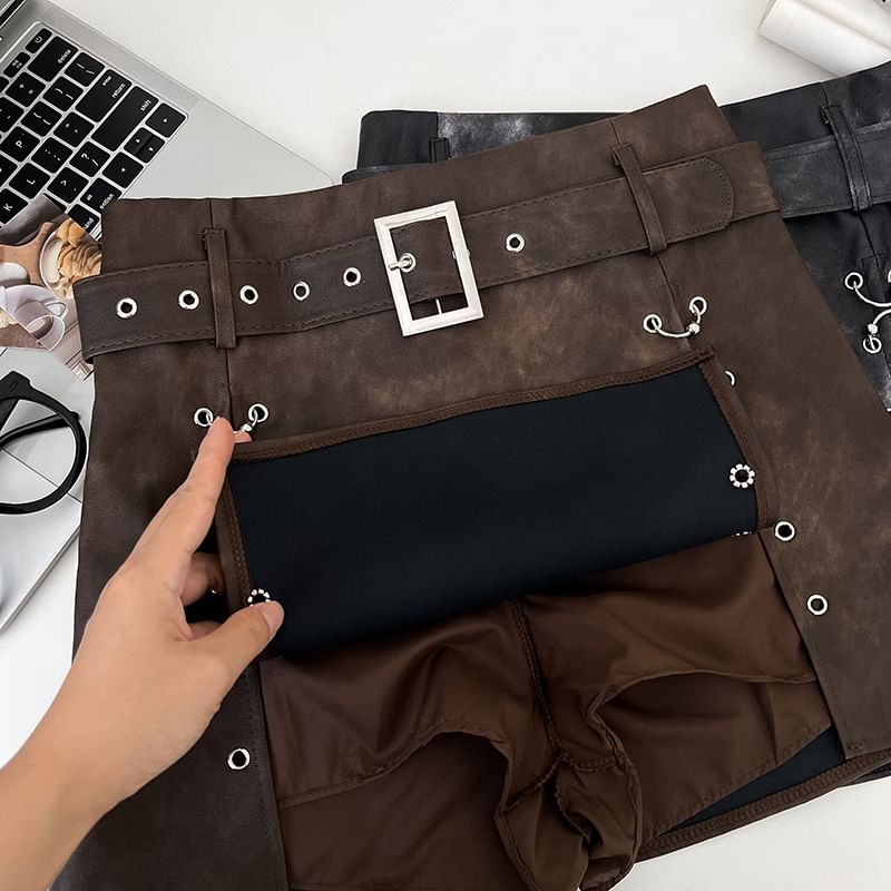 Babique - Set: Hoge taille imitatieleren ringrok met A-lijn + riem