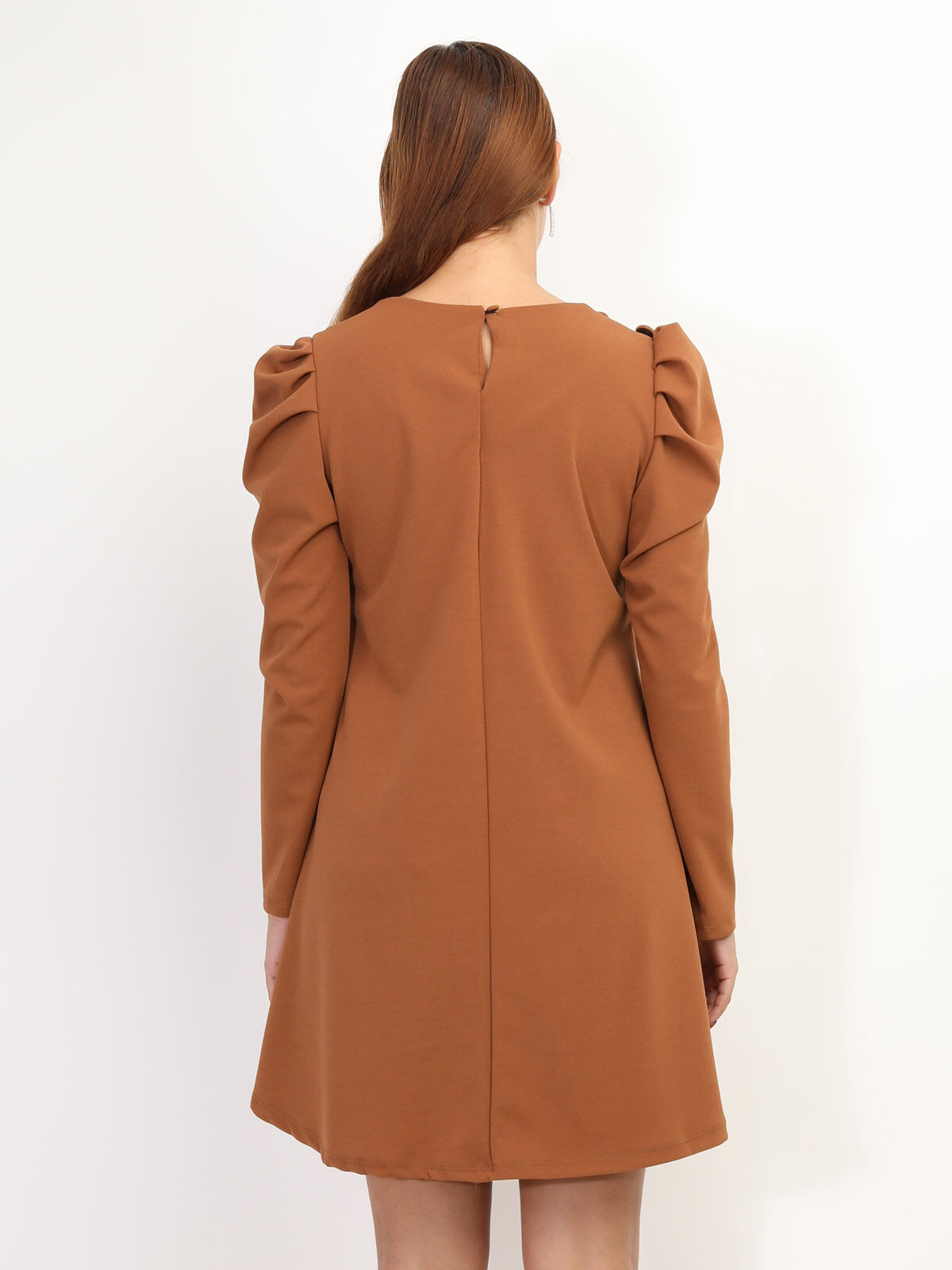 Robe droite à manches gigot- Marron