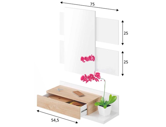 VS VENTA-STOCK - Meuble d'entrée telma avec 1 tiroir et miroir blanc/chêne, ...