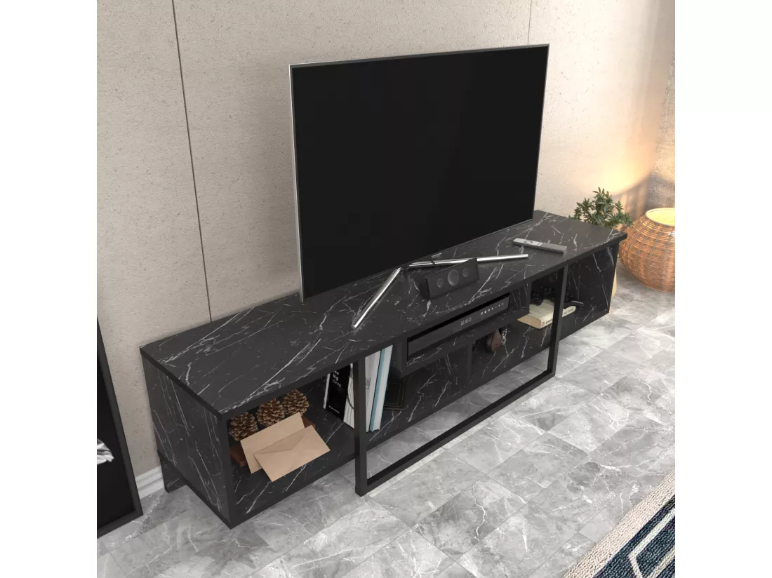 Meuble TV de 150 cm Asal, Cadre en métal, reversible (Effet marbre blanc et doré)