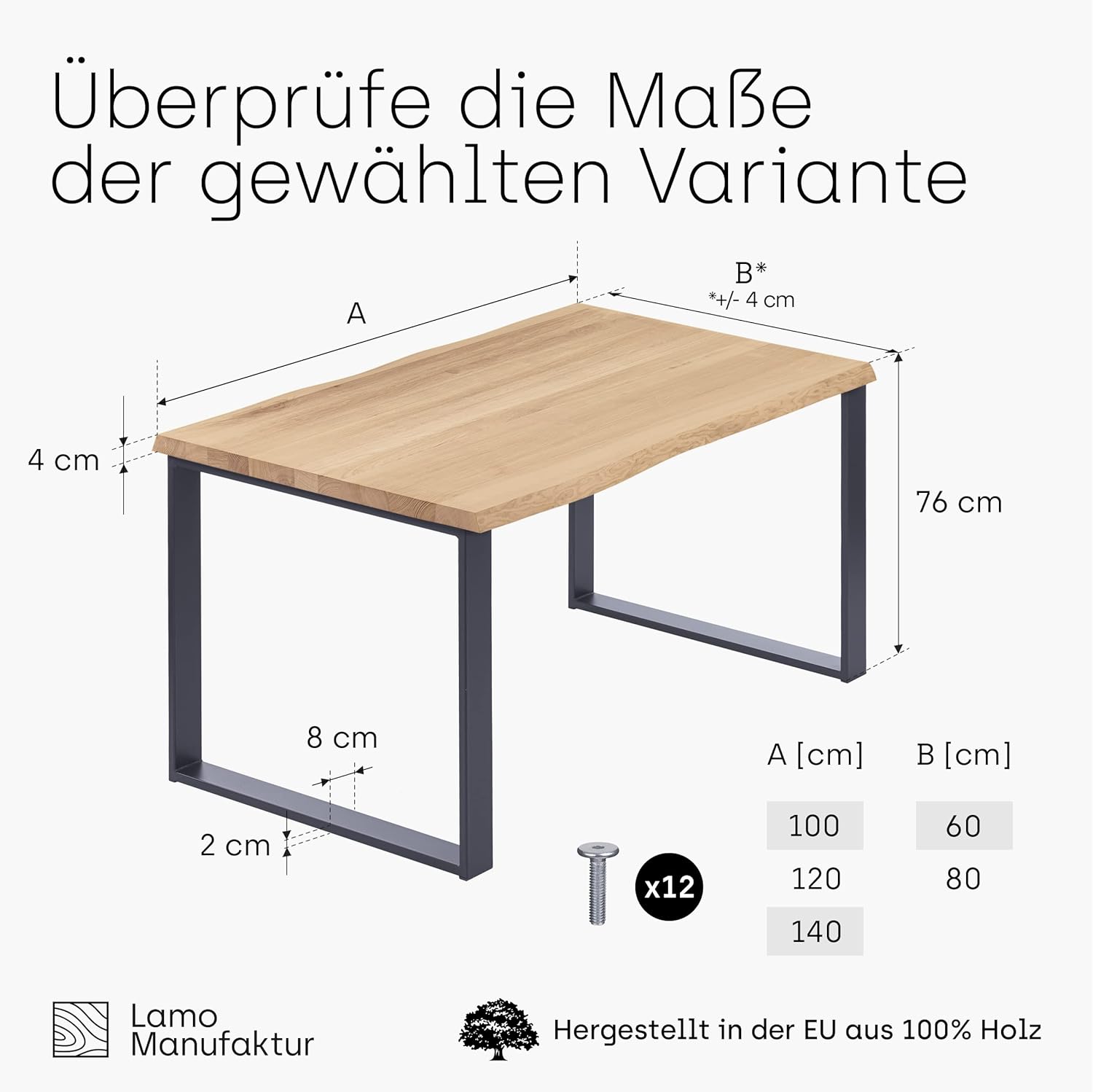 LAMO Manufaktur Esstisch Küchentisch Schreibtisch Couchtisch aus Massivholz, mit Baumkante 100x60x76 cm (AxBxH), Modern, Natur/Anthrazit, LOB-01-A-002-7016M