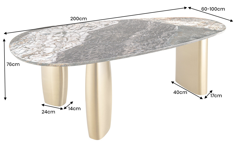 Design Esstisch ORGANIC 200cm grau weiß braun Naturstein Marmor Metall brushed gold