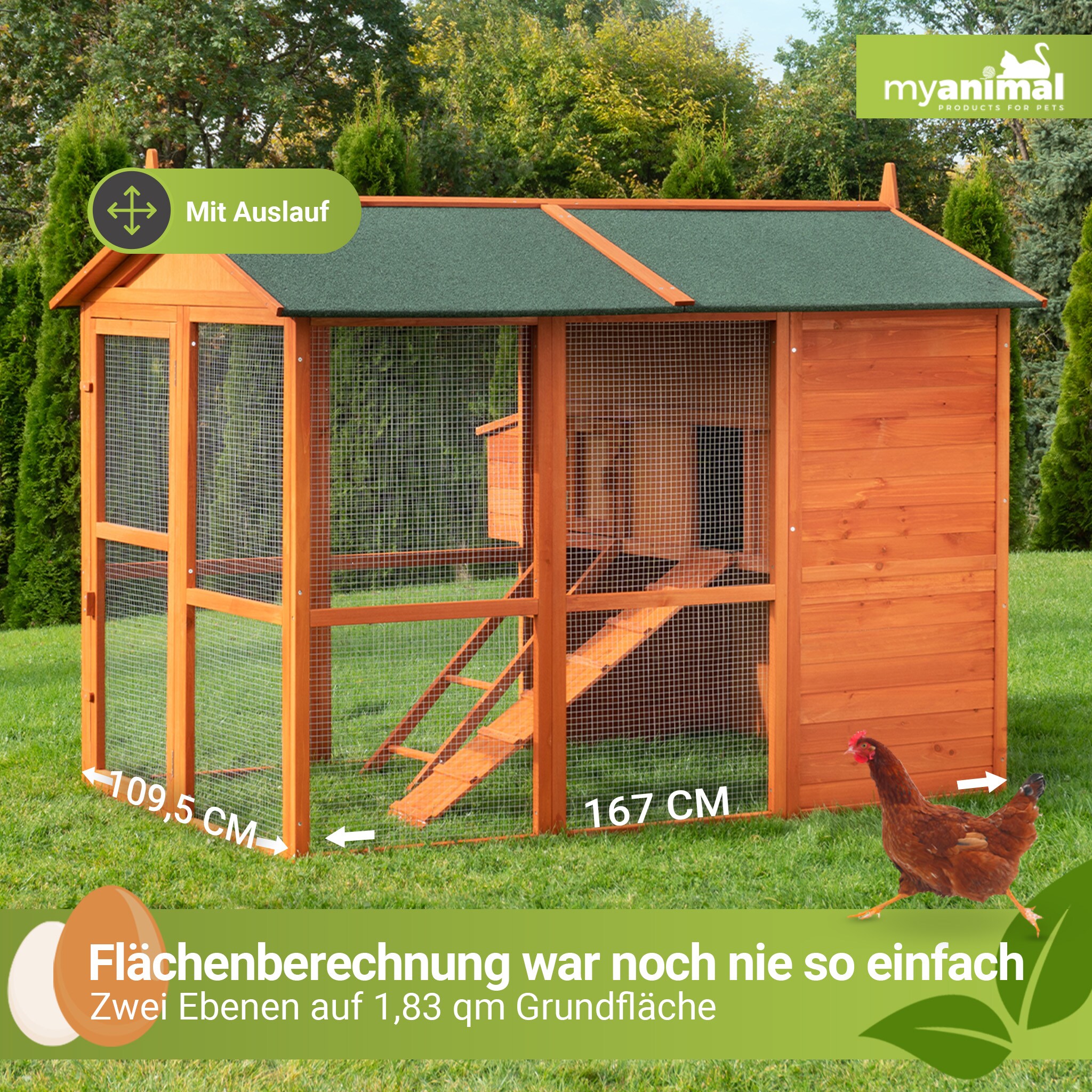 MyAnimal Hühnerstall groß für 7 Hühner MH-15, Hühnerhaus auf 2 qm², mit Auslauf, separates Legenest (Braun)