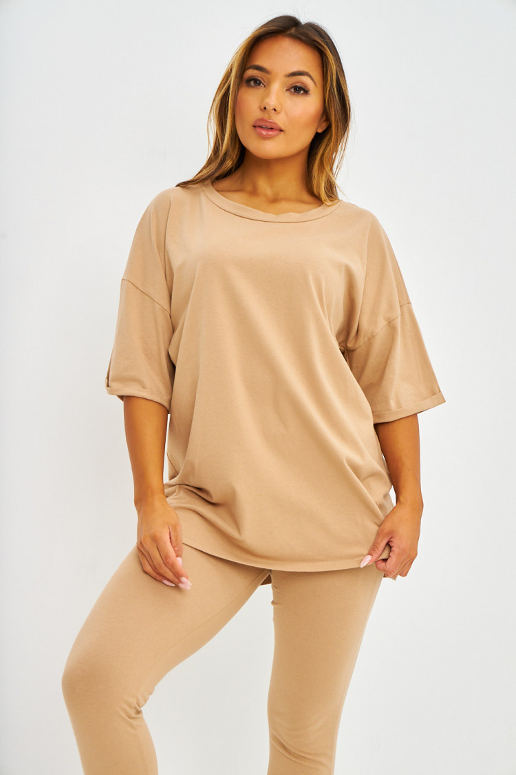 Ensemble beige chiné 2 pièces t-shirt oversize + legging fuseau