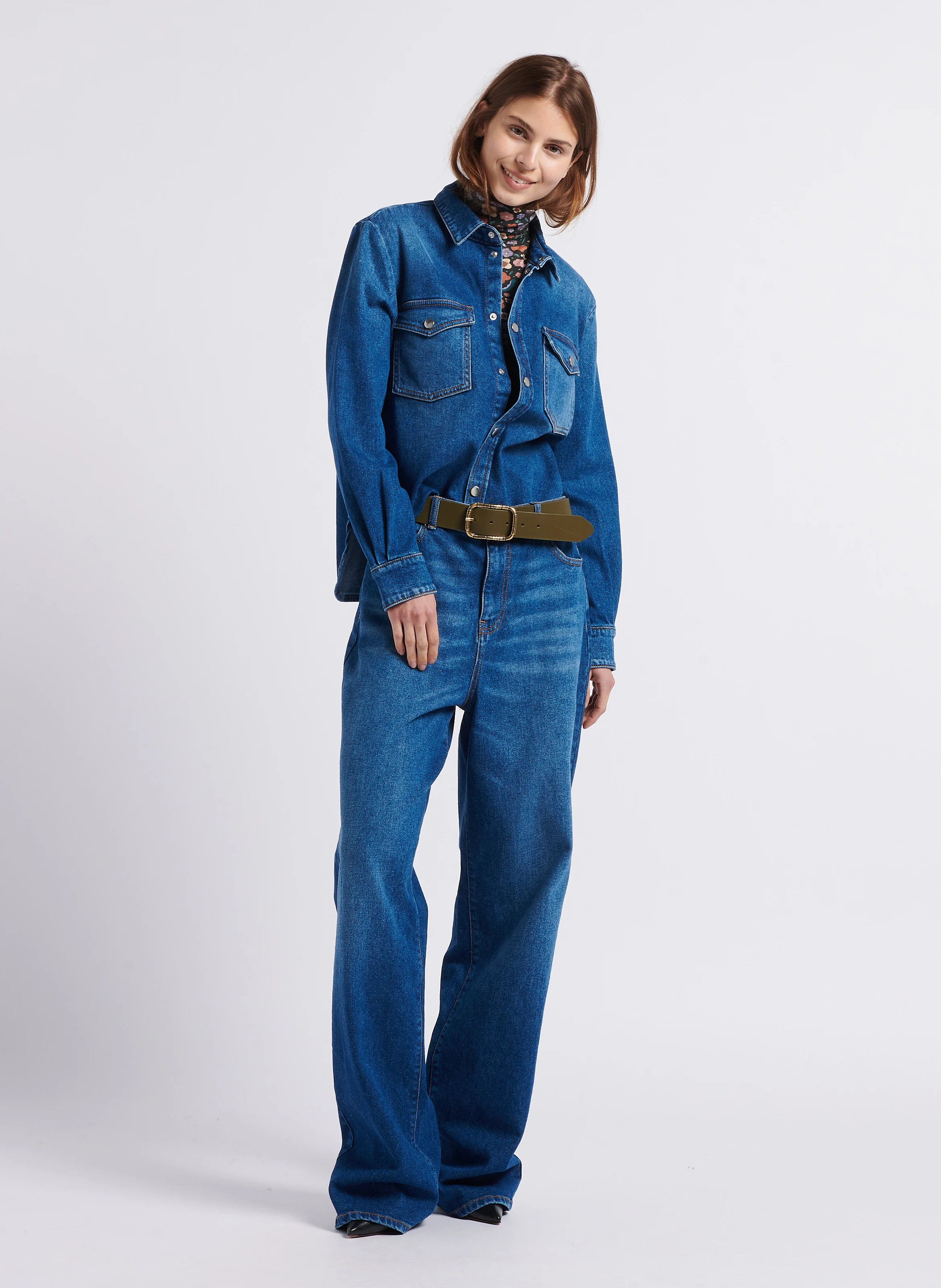 TOPAZE - Chemise droite col classique en denim stretch| Bleu