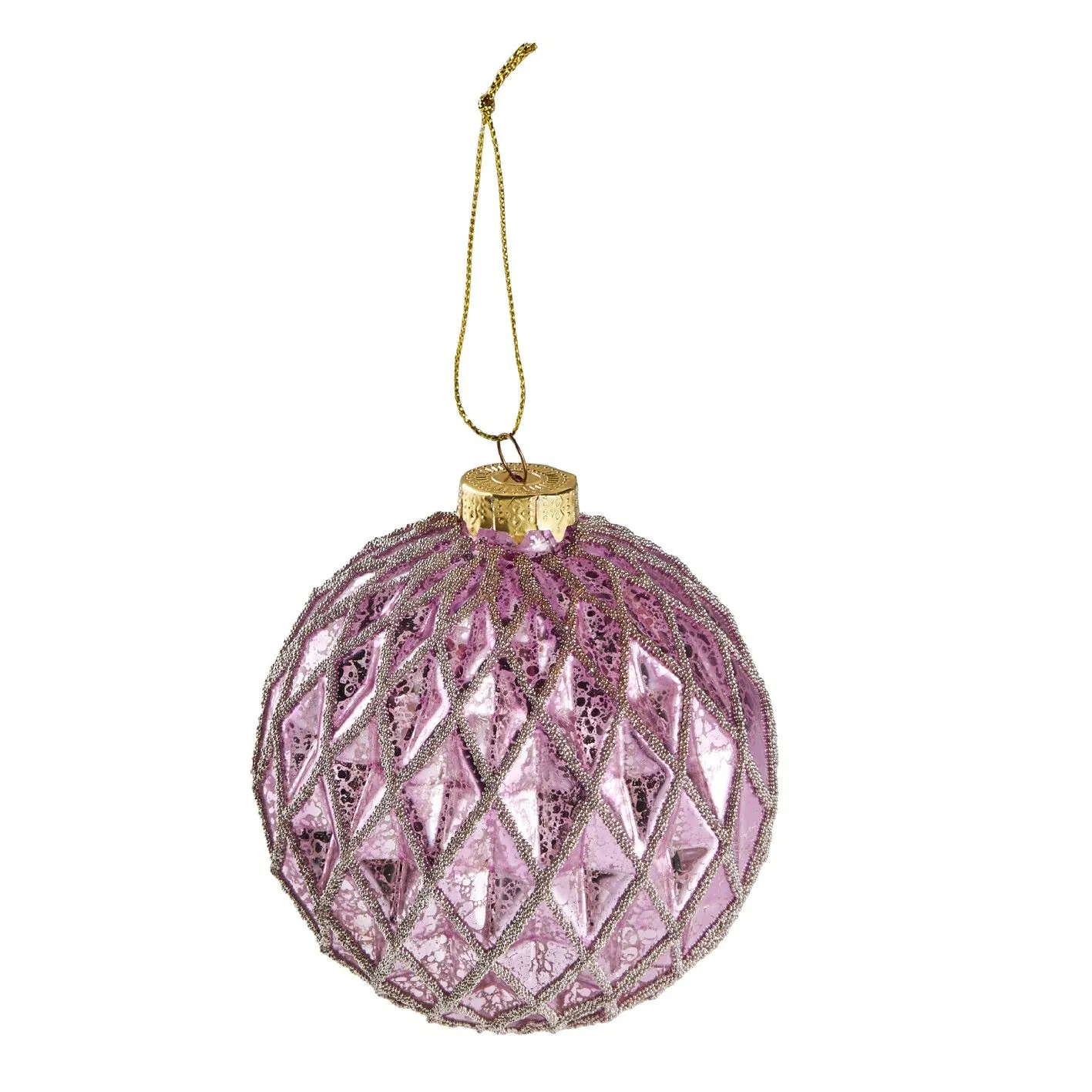 Weihnachtskugel Lila Gold 10 cm mit Relief Rauten aus Glas