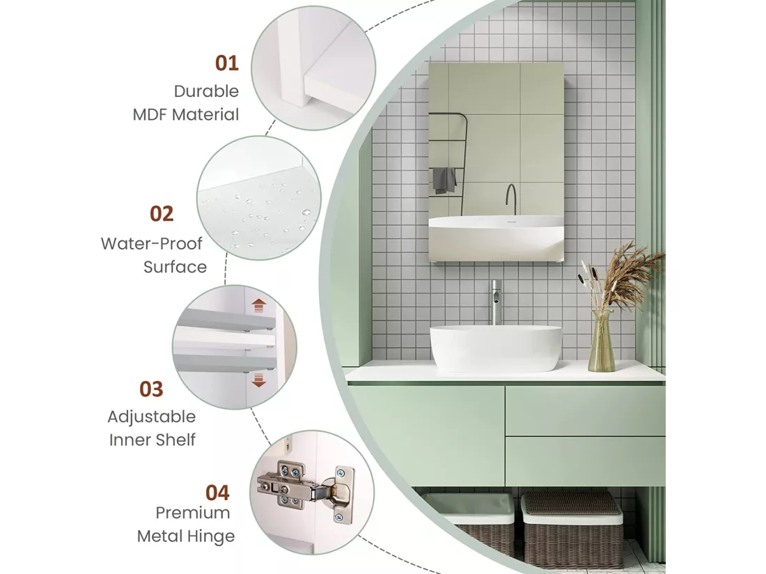 Armoire Miroir de Salle de Bain,Armoire Murale avec Miroir - 3 Étagères - 50x30x12cm - Blanc