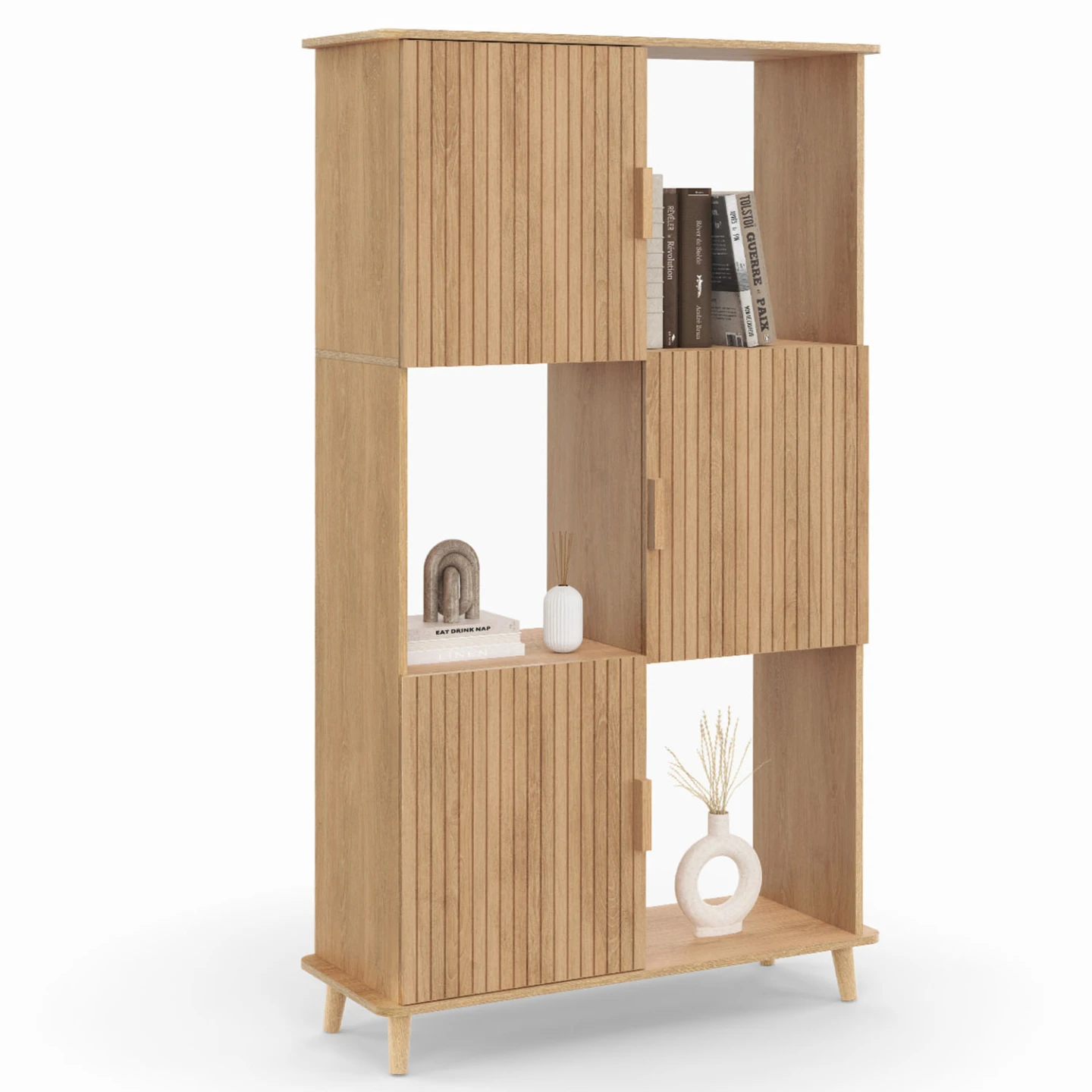 Etagère bibliothèque 6 cases JULIETTE lattes tasseau bois coloris chêne avec placard
