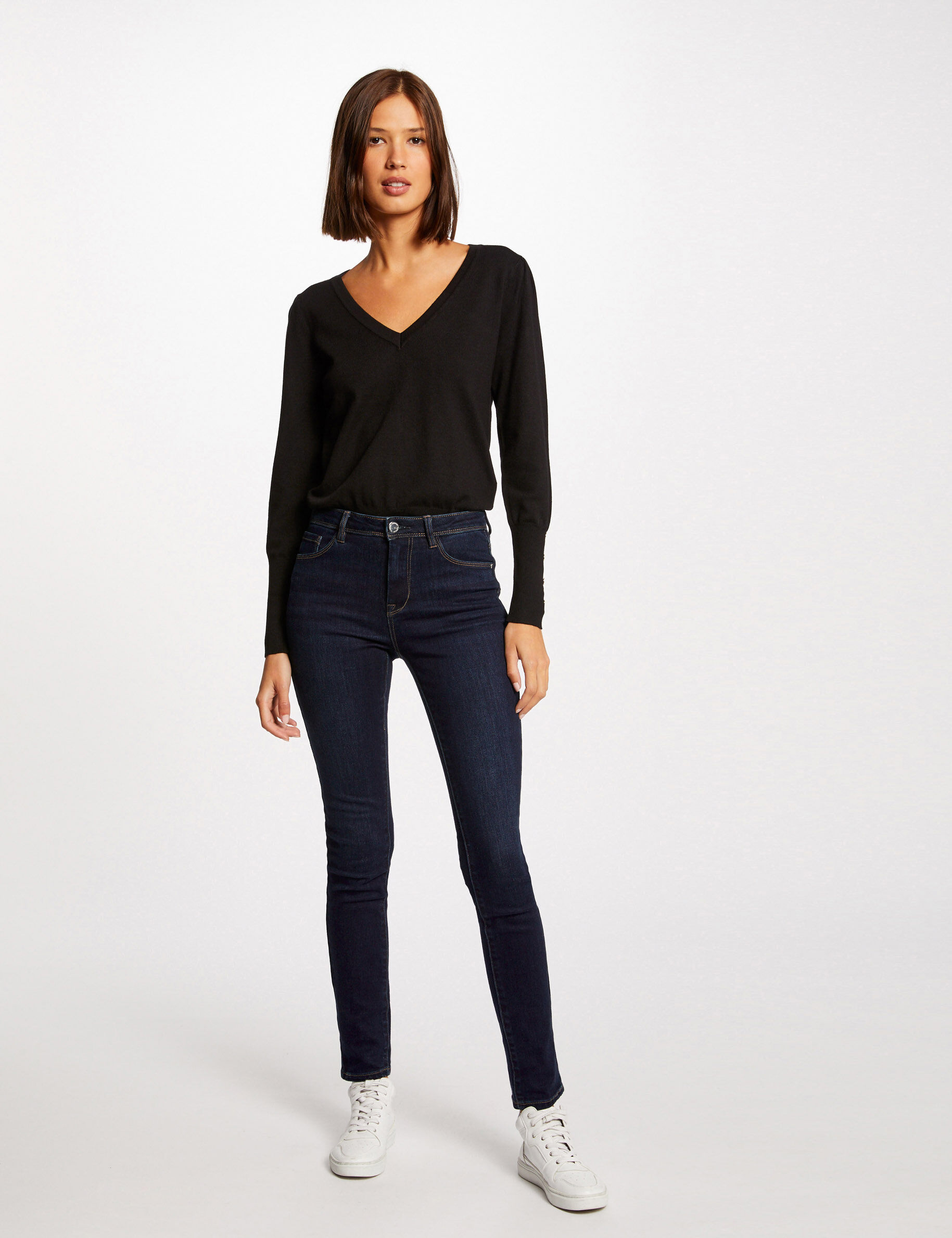 Pull manches longues avec col en V noir femme - noir