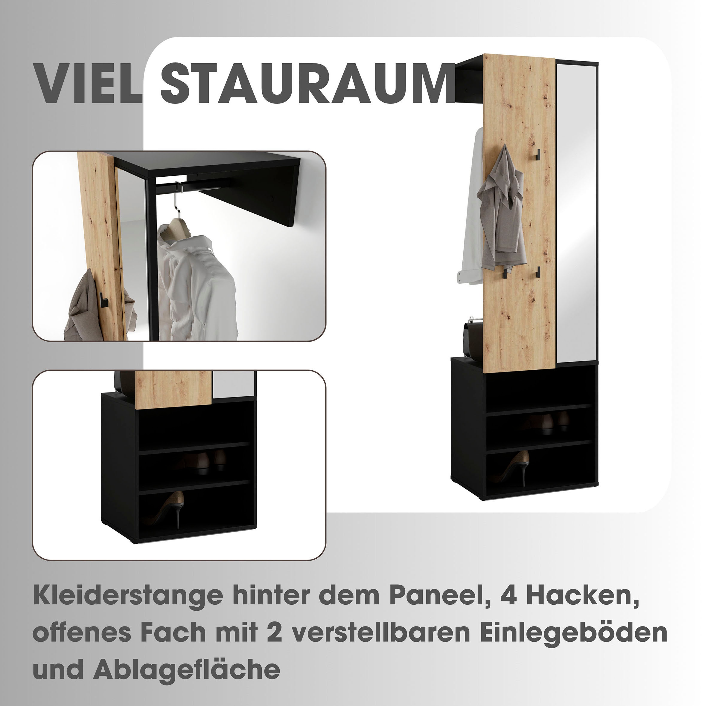 byLIVING Kompaktgarderobe »Dielen - Set Andorra« 1 Stk. tlg. maximale Ordnung auf wenig Fläche mit Spiegel, Kleiderstange und Haken