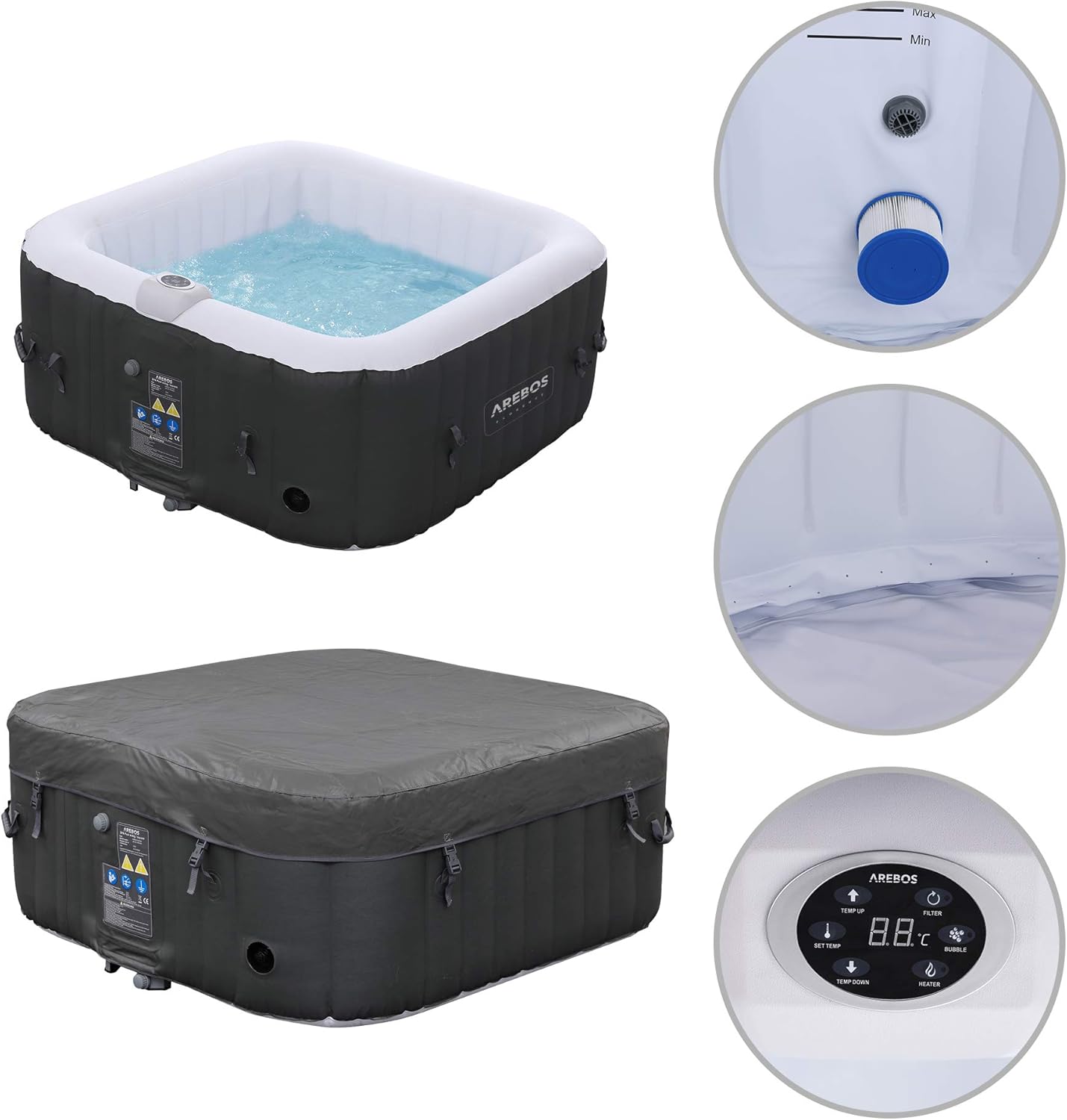 Arebos Aufblasbarer Spa Pool | für drinnen und draußen | Whirlpool 4 Personen | 154x154cm | 100 Massagedüsen | Wellness Spa Heizung | Aufblasbare Massage Quadrat | 600 Liter