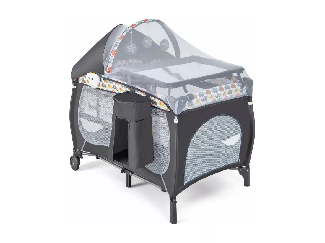 5 en 1 Lit Parapluie Bébé avec Matelas & Moustiquaire, Lit Bébé Evolutif avec Table à Langer, 3 Jouets Mignons & Boîte à Musique, Sac de Transport, Charge 9kg pour 0-36 Mois, Coloré