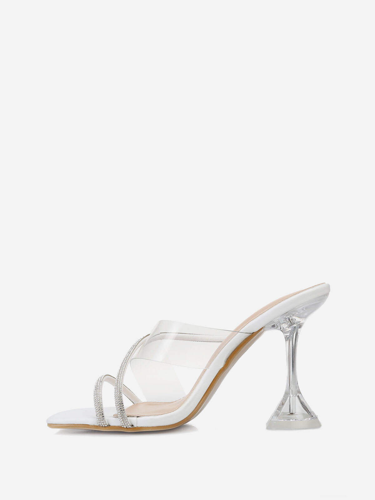 Mules à brides strass et talon transparent- Blanc