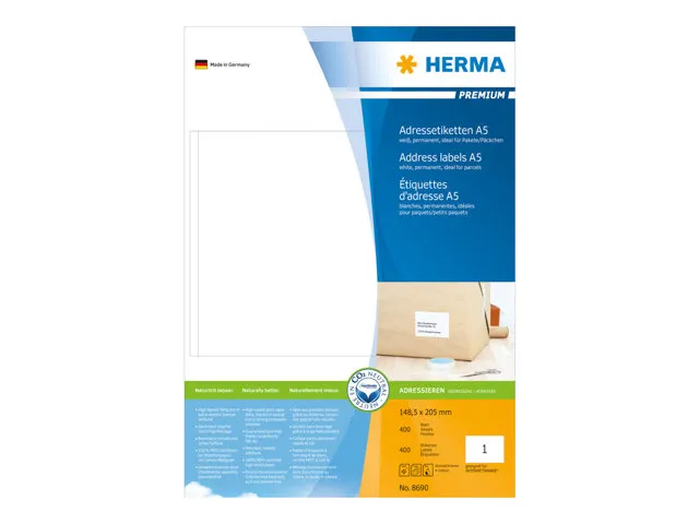 HERMA Premium - Papir - mat - permanent selvklæbende - hvid - 148.5 x 205 mm 400 etikette(r) laminerede adressemærkater