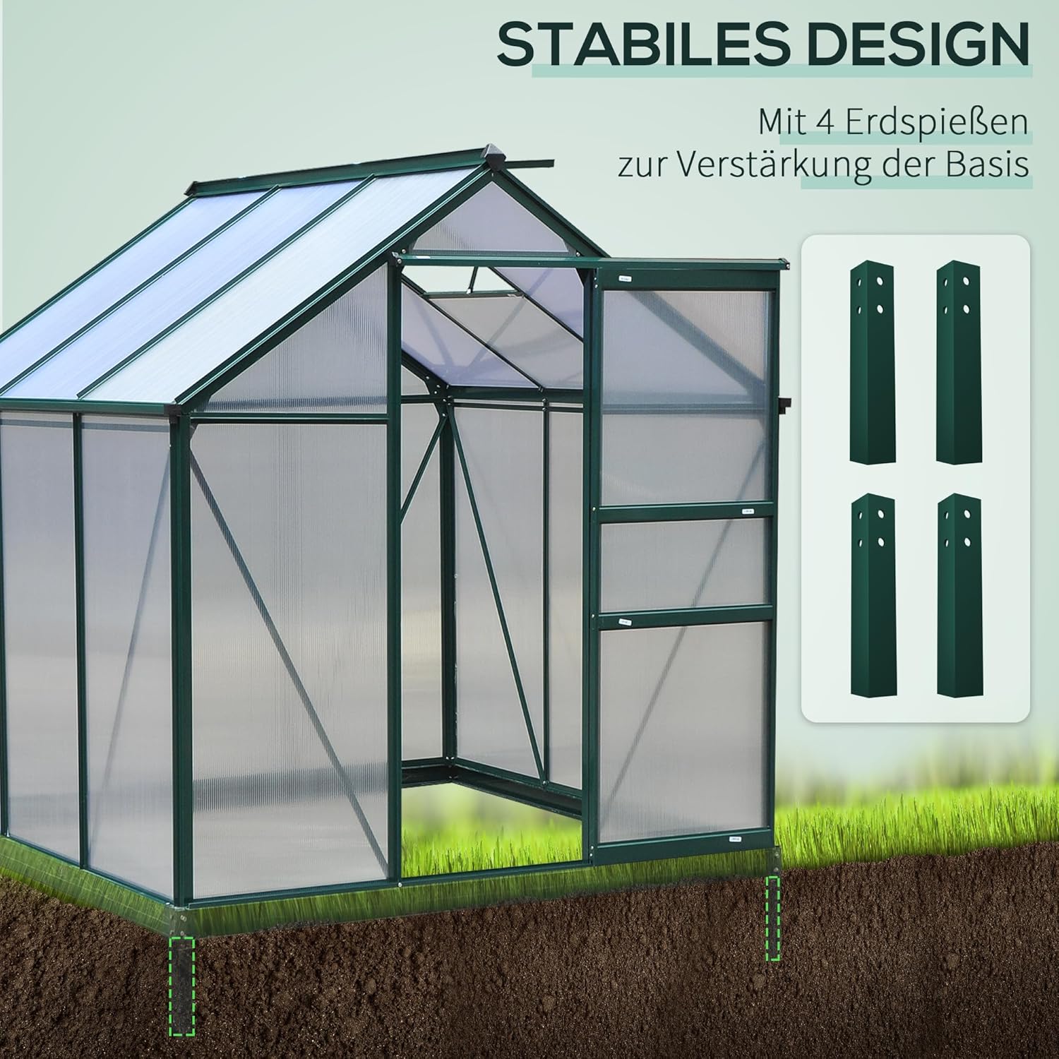 Outsunny Gewächshaus Aluminium Treibhaus mit Dachfenster Tür 190 x 192 x 201 cm Pflanzenhaus mit Fundament begehbares Tomatenhaus Witterungsbeständig Polycarbonat Grün+Transparent