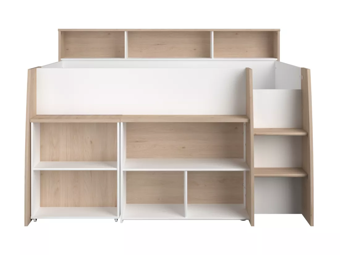 Lit combiné 90 x 200 cm avec bureau et rangements - Blanc et naturel - APOLINO