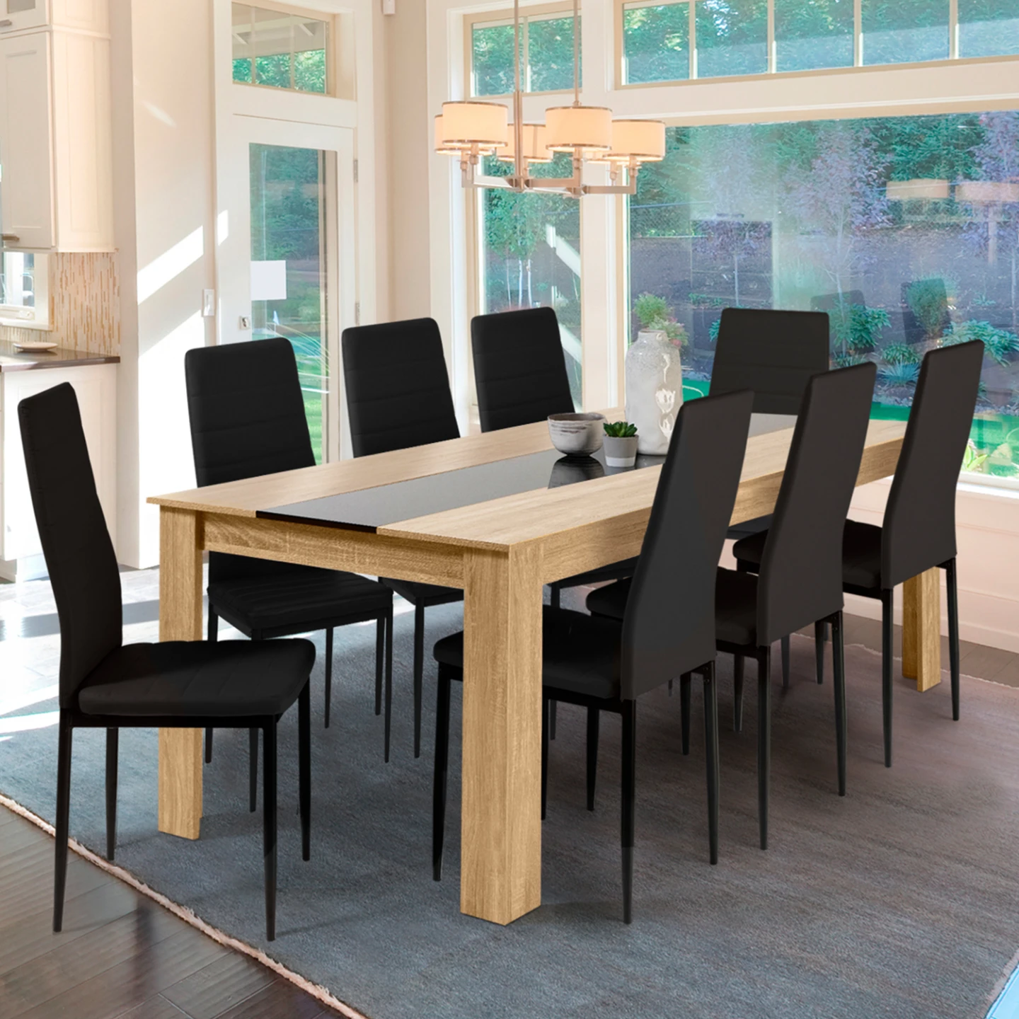 Table à manger rectangle GEORGIA 8 personnes imitation hêtre et noire 160 x 90 cm