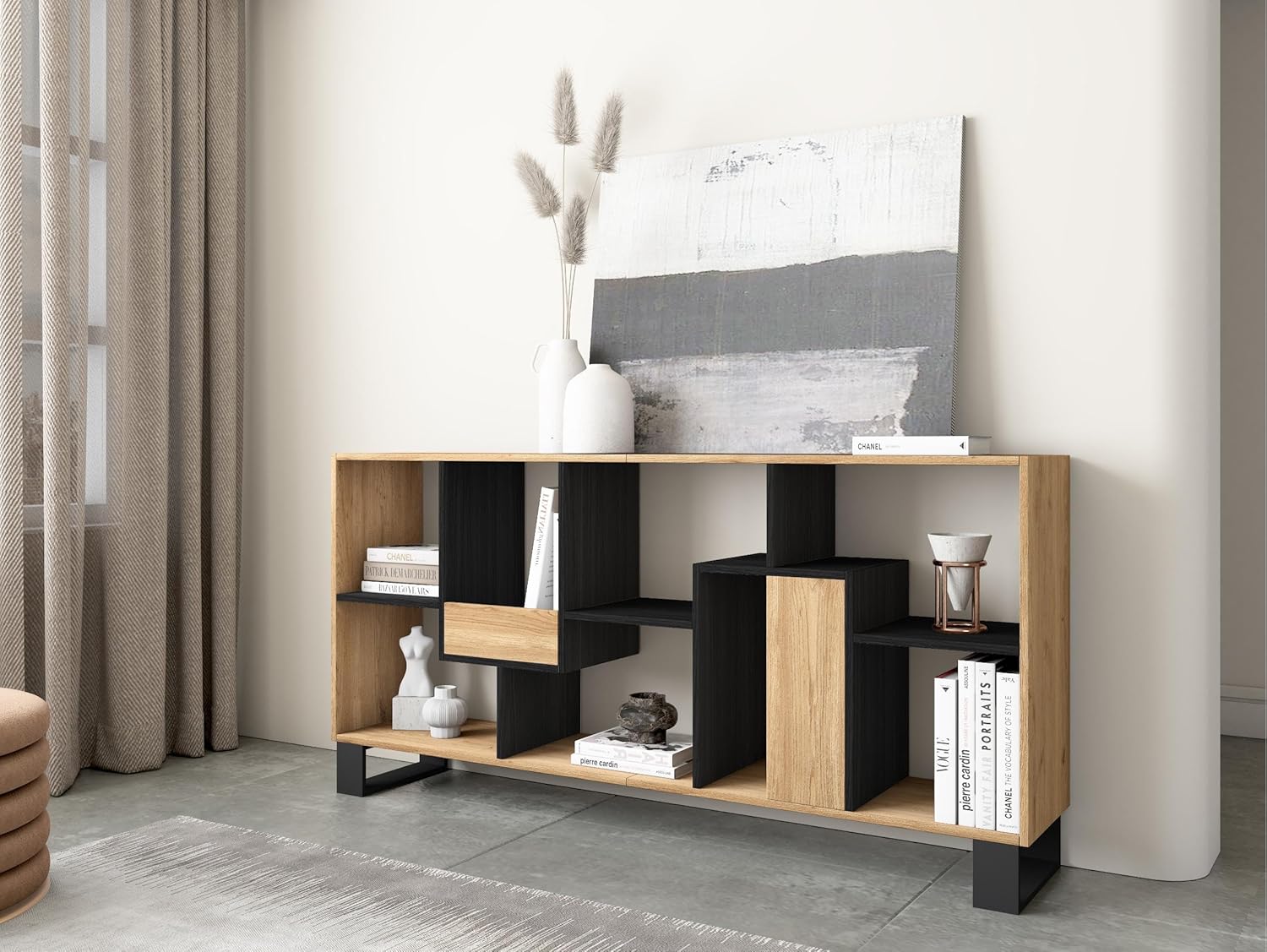 Skraut Home | Bücherregal Bibliothek | Bookshelf, Bookcase | 174x67x31cm | Industriedesign | Moderner Stil | Eiche und Schwarz