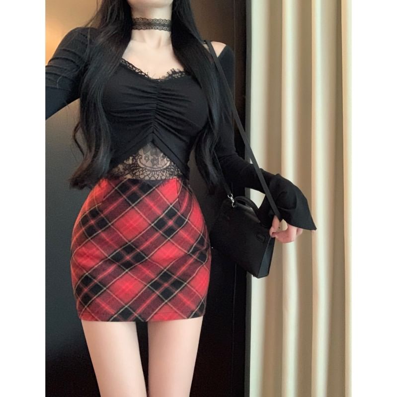 Metonymph - Mini-kokerrok met hoge taille en ruitmotief