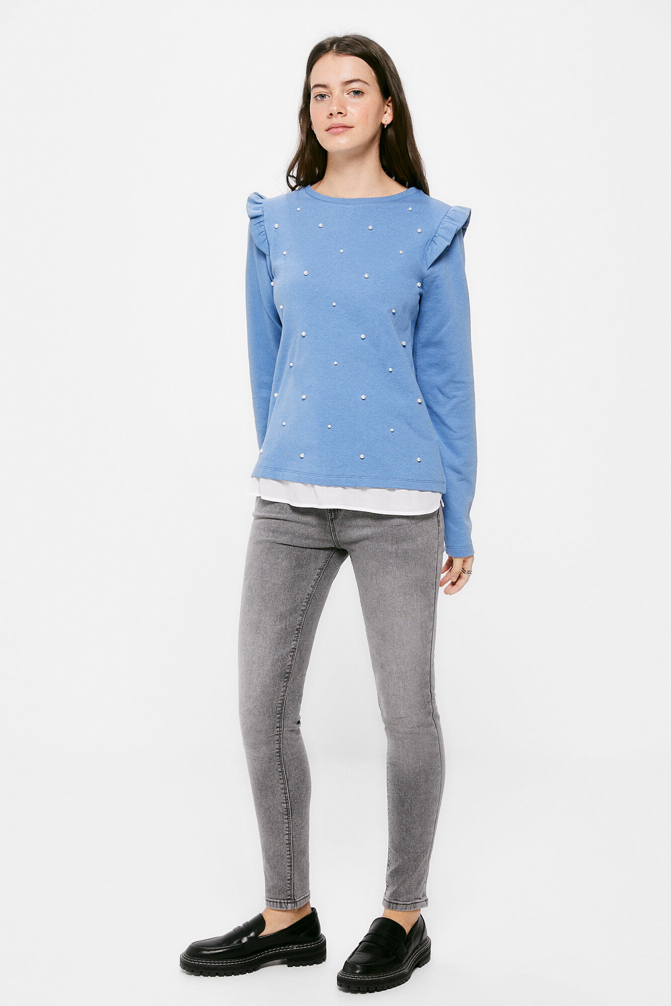 Blusa de moletom com babados e pérolas - Azul índigo
