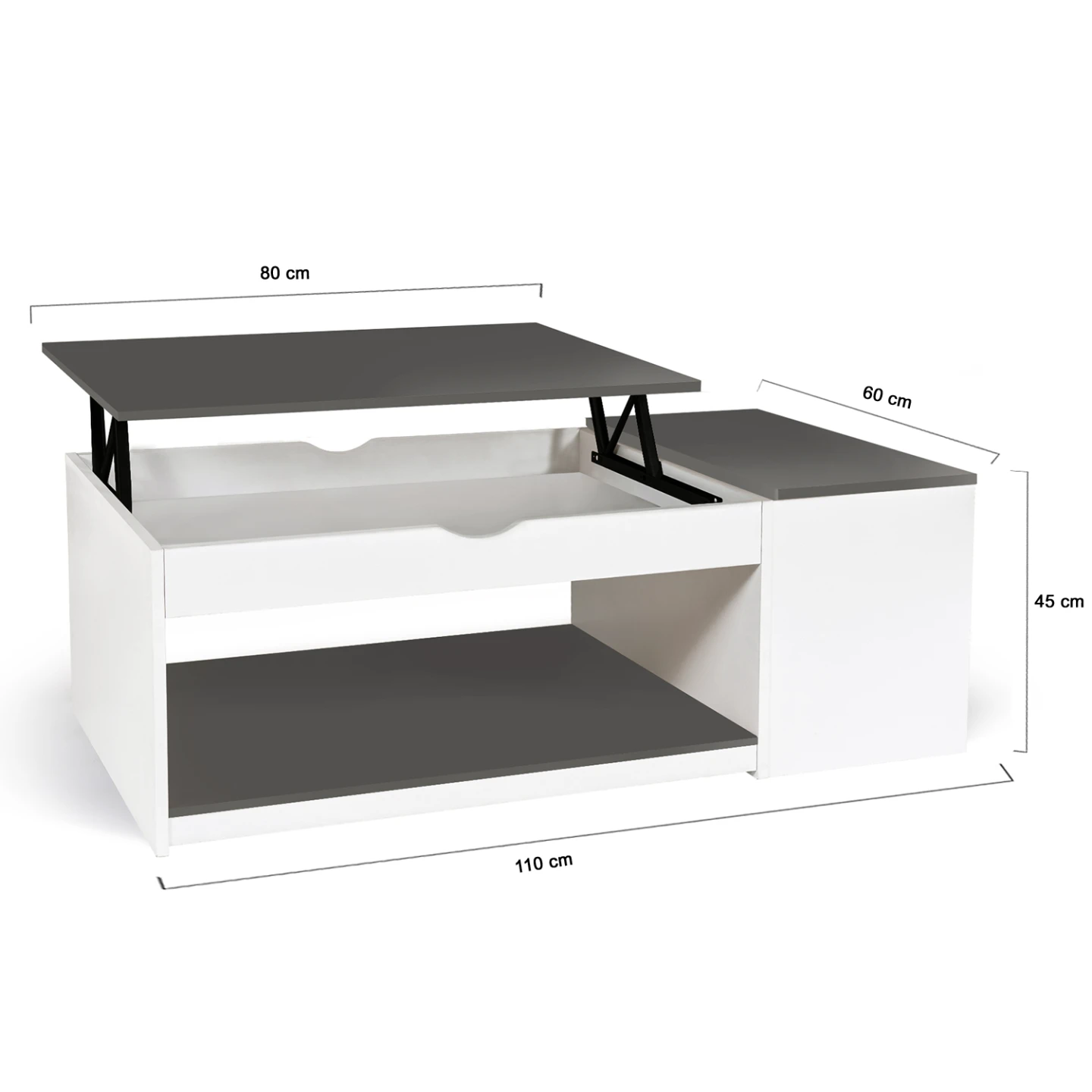 Table basse plateau relevable rectangulaire ELEA avec coffre bois blanc et gris
