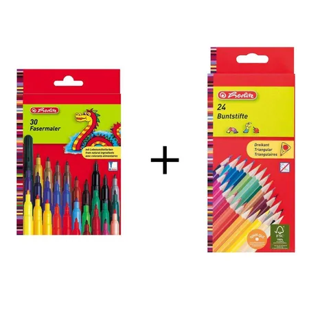 Herlitz Malstifte-Set bestehend aus 24 Dreikant-Buntstifte + 30 Fasermaler