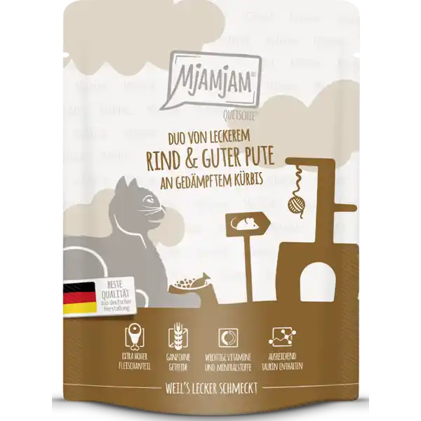 Quetschie - Duo von leckerem Rind & guter Pute an gedämpftem Kürbis 300g