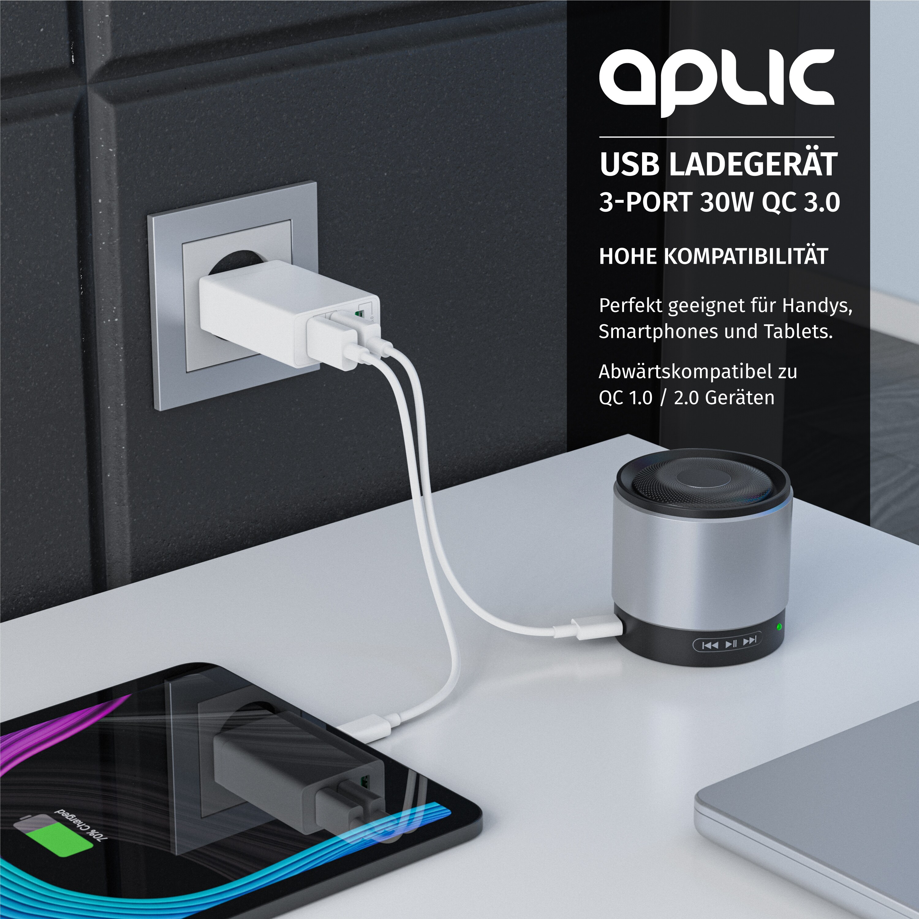 Aplic USB-Ladegerät 3000 mA, 3-Port Netzteil, Quick Charge 3.0, 2x USB Port + 1x QC 3.0 Port