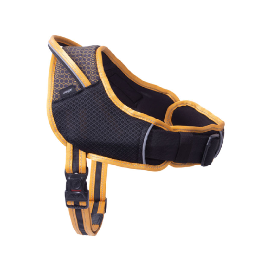 Coleira ergonômica Rogz Airtech para cães, preta e laranja.