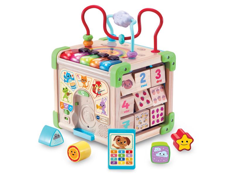 Vtech Interaktiver Holz-Spielwürfel FSC Holzwürfel mit individuellen Würfelseiten und verschiedenen Elementen
