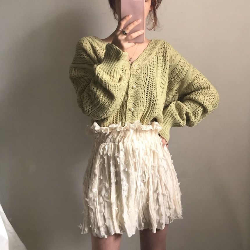 monroll - V-hals pointelle gebreide cardigan