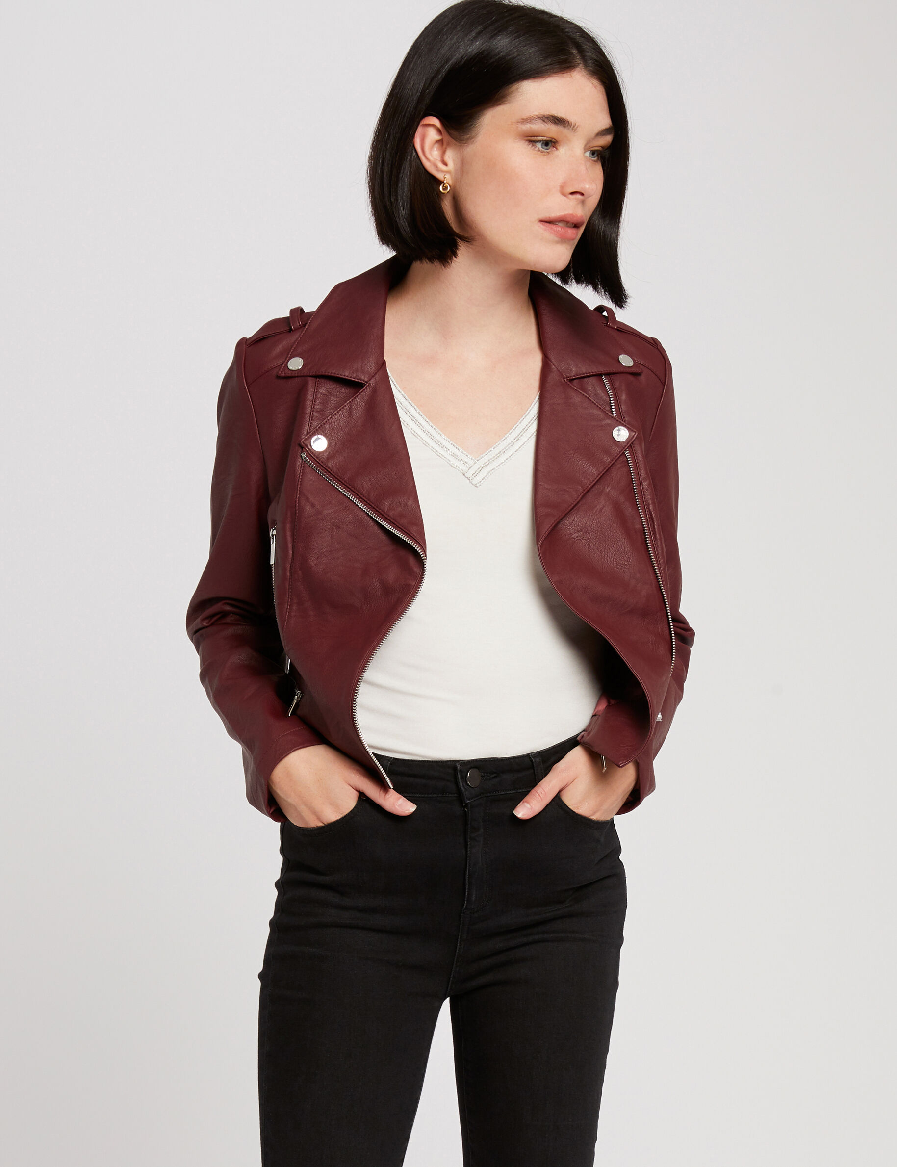 Blouson droit avec col cranté à revers bordeaux femme - bordeaux