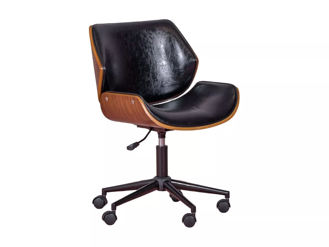 Chaise de bureau rétro en bois de noyer et cuir synthétique - Nordic - Noir