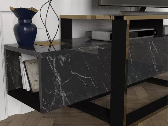 Meuble TV avec 2 niches - Effet marbre noir et doré - COMEBI II