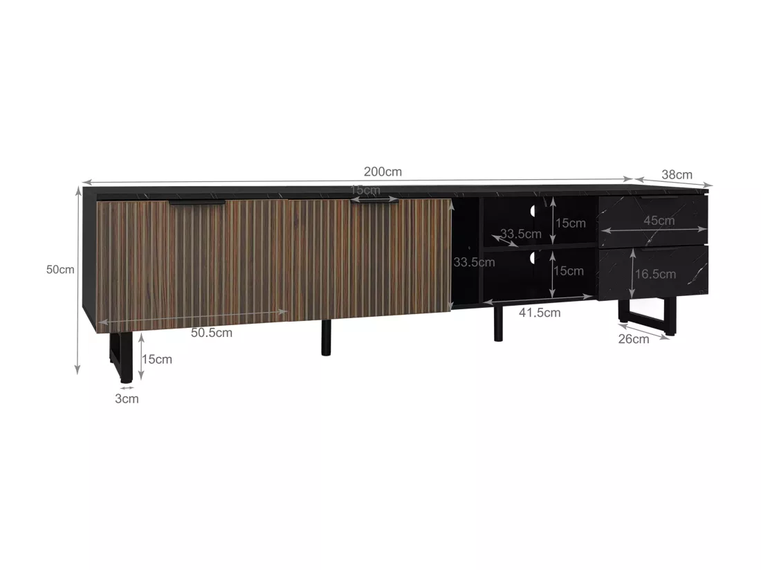 Meuble TV avec 2 portes, 2 tiroirs et 2 niches - 200 x 38 x 50 cm - LEDs - Bois MDF - Noir + bois