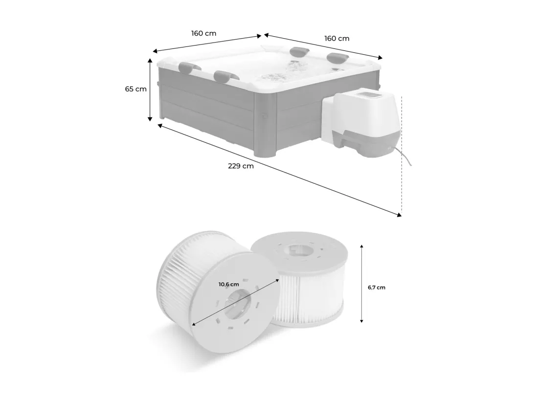 Spa rigide 6 places hydromassages. 4 coussins + 8 filtres. OSLO AMBER. beige. L 160 x P 160 x H 65 cm