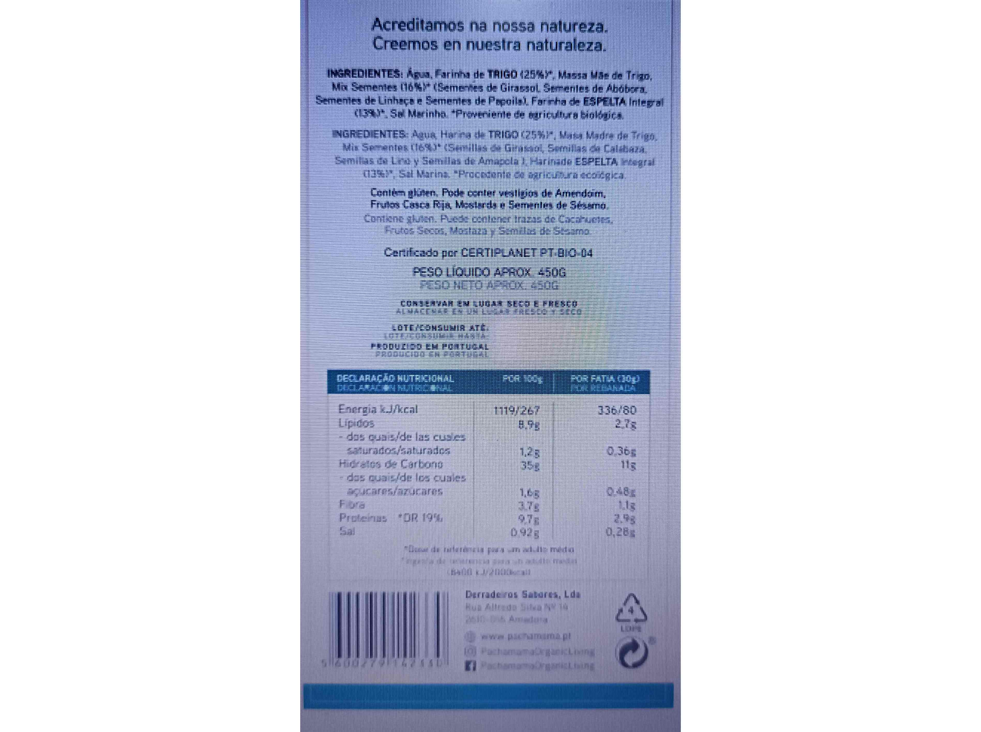 PÃO PACHAMAMA SEMENTES MASSA MÃE 450 G