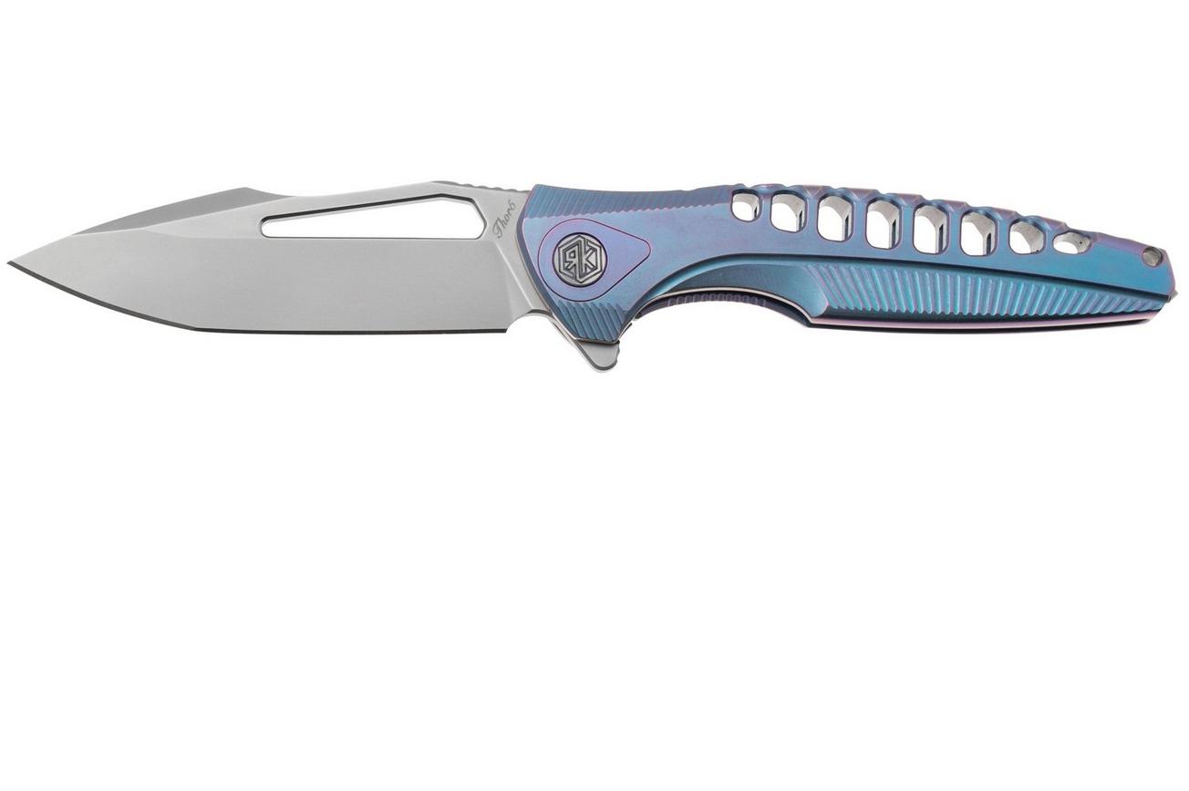 Rike Knife Thor 5 Bead Blasted M390, Blue Titanium, integraalzakmes
