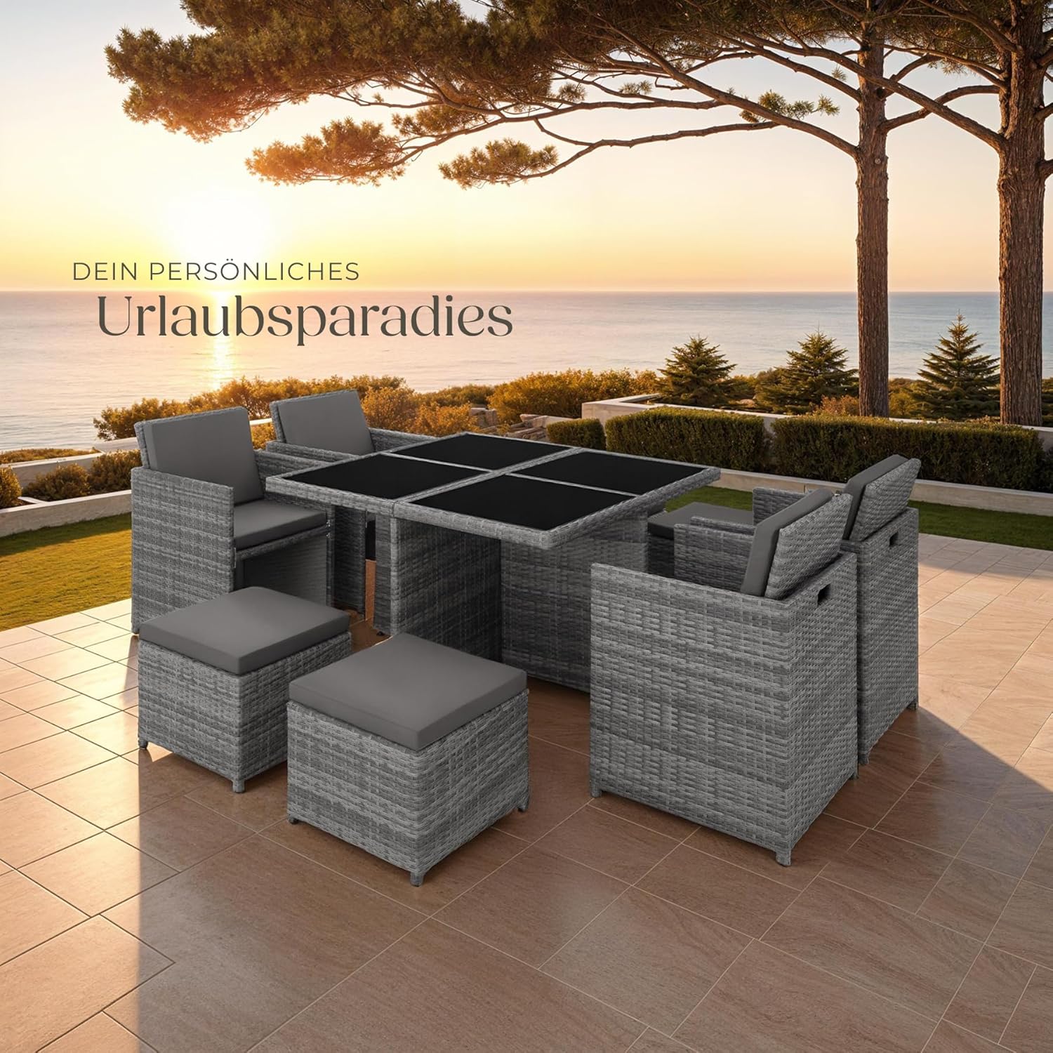 tectake® Lounge Möbel Set 4X Stühle, 4X Hocker, 1x Tisch, platzsparende Cube Aufbewahrung, Outdoor Rattan Gartenmöbel für Balkon, Garten und Terrasse, mit Abdeckung und Wechselbezügen - grau