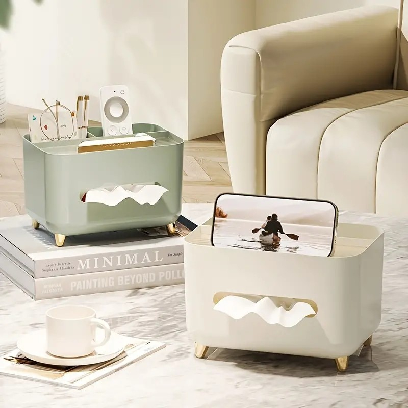 (21x15cm) Multifunktions Taschentuch Spender Nastuch Dispenser Kosmetik Tuch Aufbewahrungs Box mit Ablage Fach - Grün