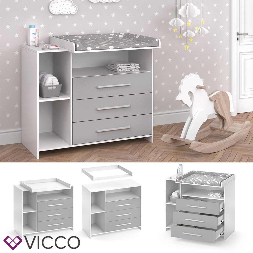 VICCO Wickelkommode OSKAR weiß grau Wickelregal Babymöbel Kommode Wickeltisch