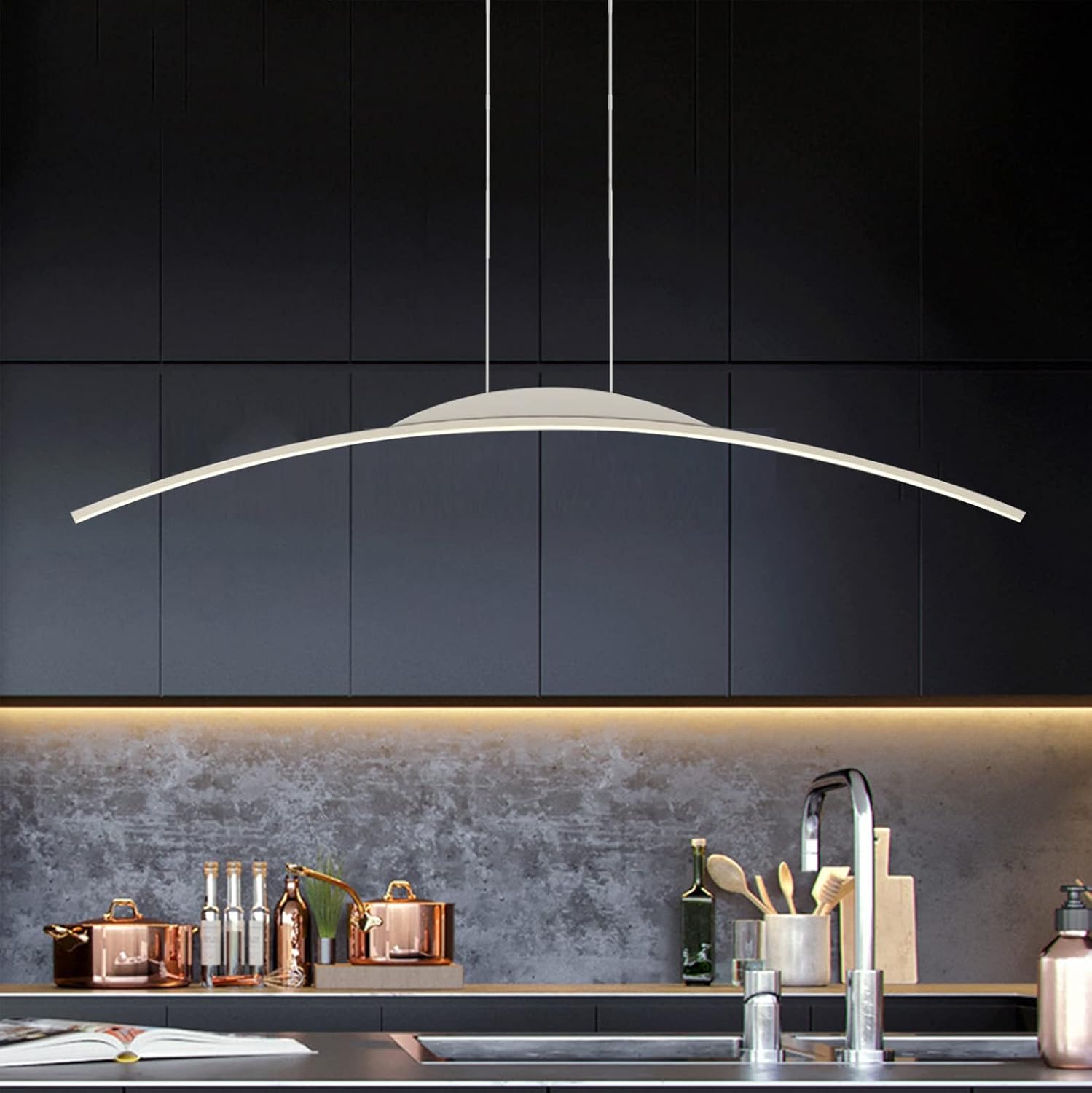 Dimmbare LED Hängeleuchte 70W Moderne Esstisch Pendelleuchte mit Fernbedienung Pendellampe Bogen Design LED hängende Leuchte Höhenverstellbar für Esszimmer Küche Wohnzimmer (Weiß, L150cm)