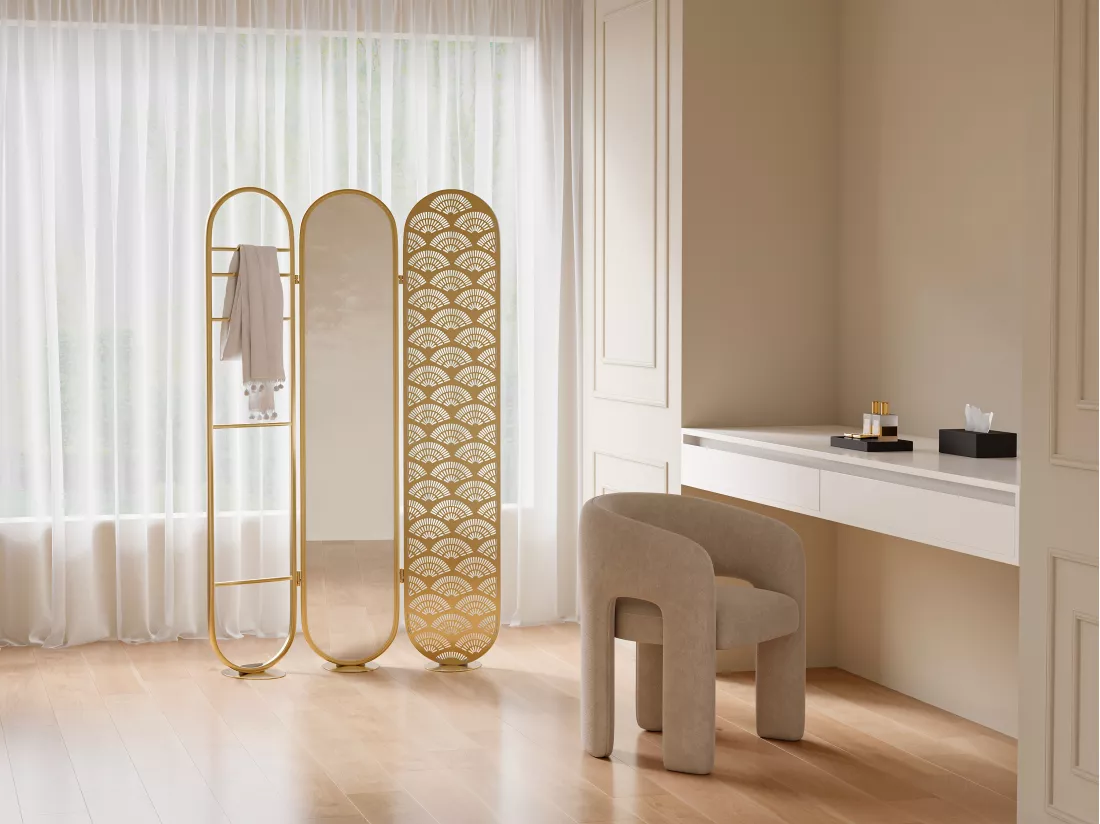 Paravent miroir art déco en métal - 3 pans - L. 117 x H. 175cm - Doré - MAVICA