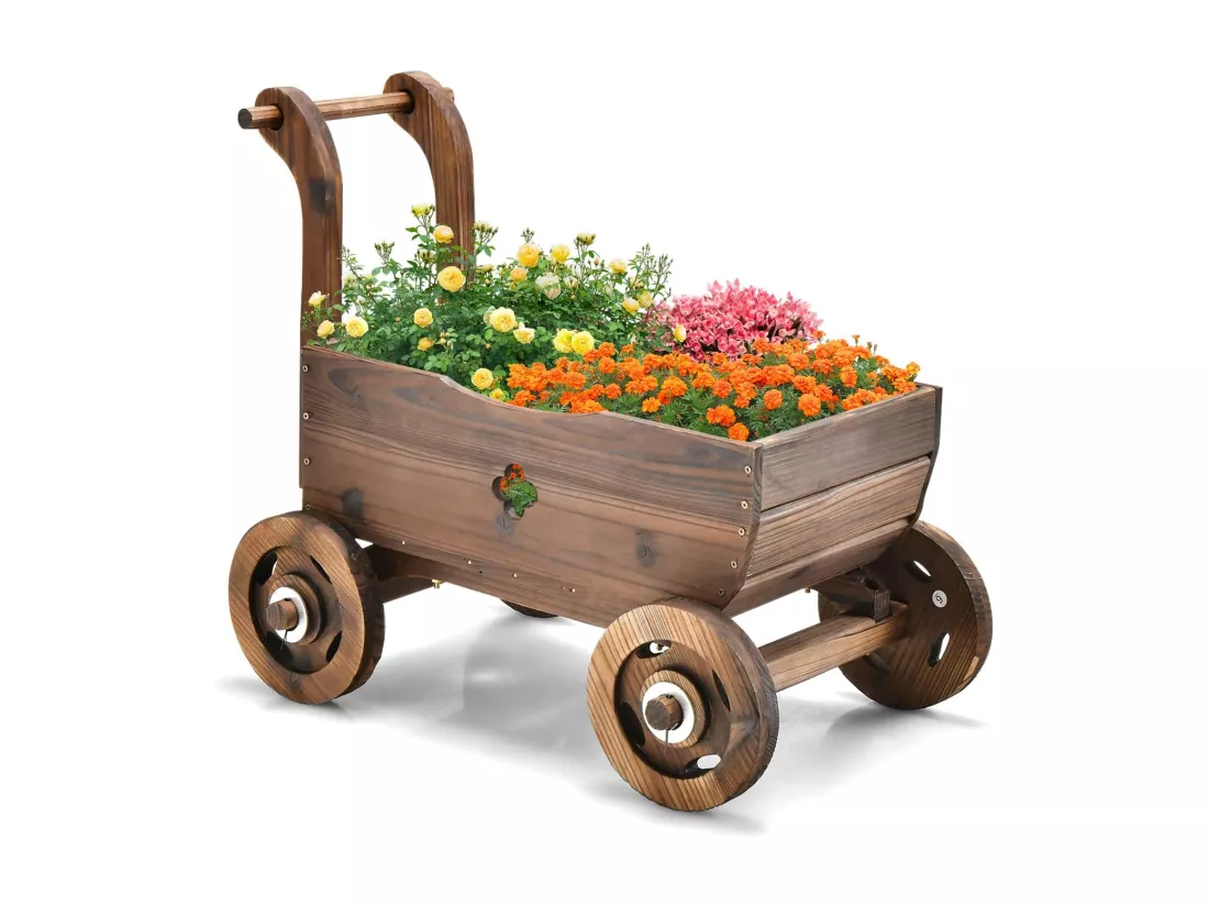 Brouette à Fleurs Jardinière en Bois de Sapin Carbonisé à Roues, Jardinière de Jardin avec Poignée et Trou de Drainage Charge 20KG, pour Patio Jardin Cour, 68 x 38,5 x 53,5 cm