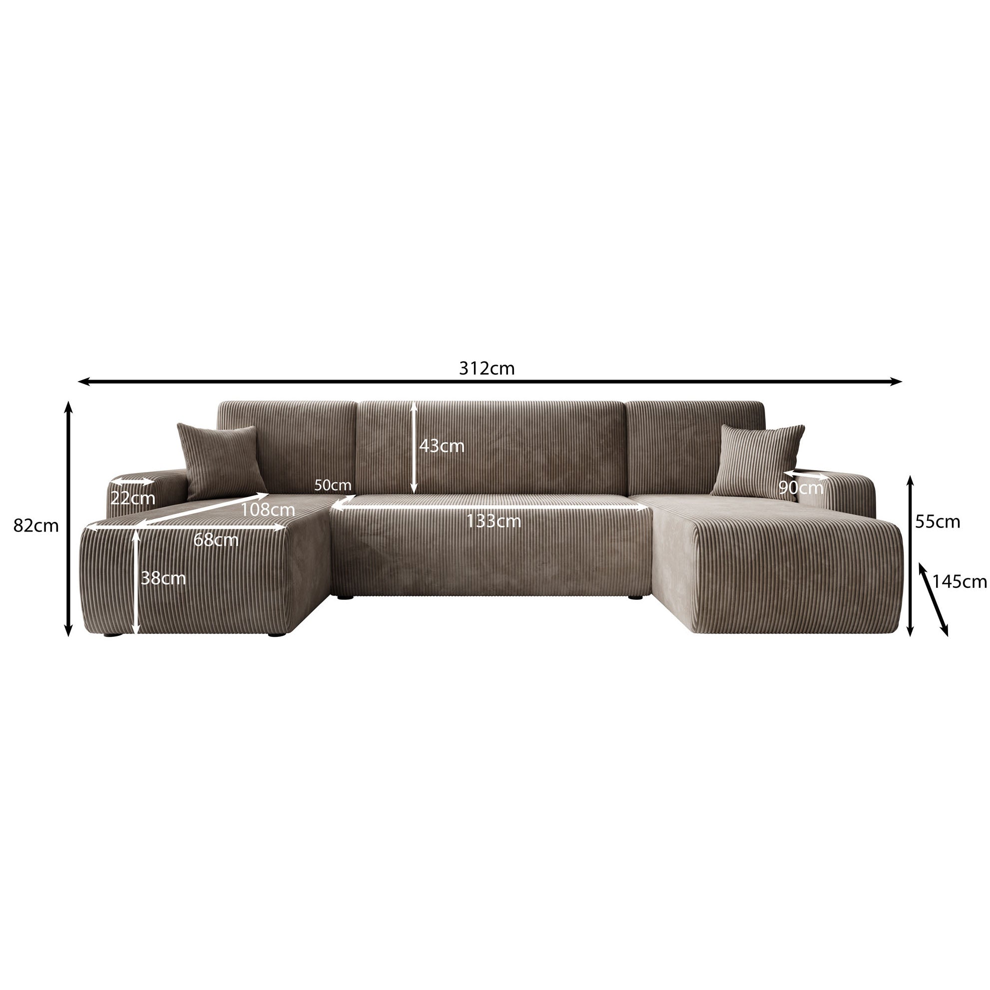 Prudence U - Hoekbank 4-zits met chaise longue - Ribstof bruin - Universeel