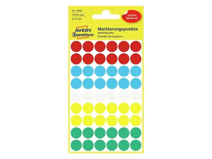 Etiket Avery Zweckform ass. farver Ø12 mm - (5 ark x 54 stk.)