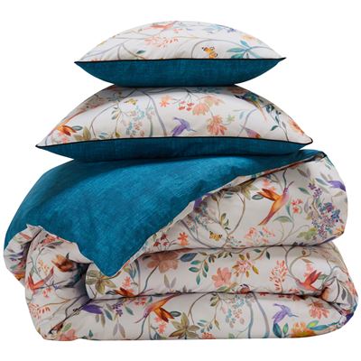 Linge de lit percale imprimé fleurs et oiseaux - BECQUET CRÉATION